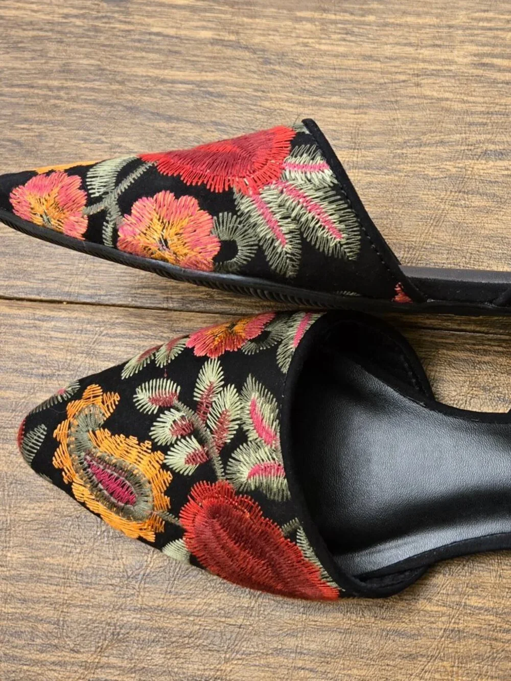MIA Caroline Floral Embroidered d'Orsay Pointed Toe Flats on Black Background